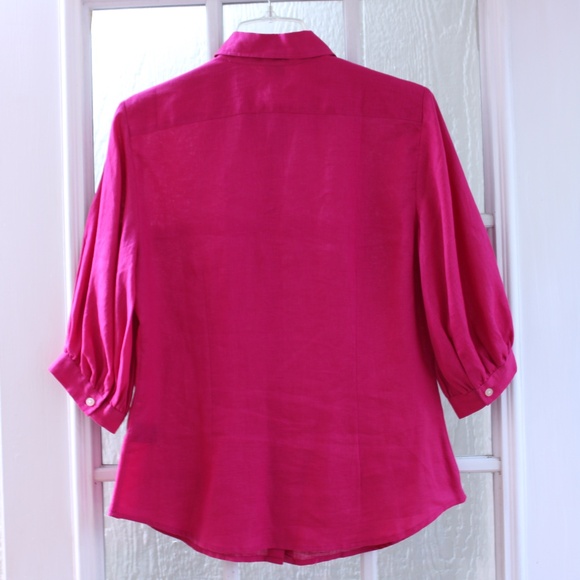 Lauren Ralph Lauren Fuchsia Color Button Up 3/4 Sleeve 100% Linen Blouse - Picture 2 of 7